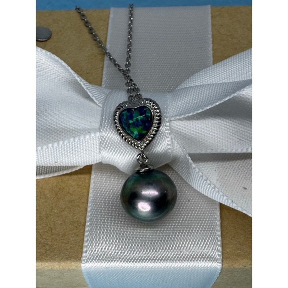 Black Natural Pearl With Small Opel Heart on Sterling Silver Chain